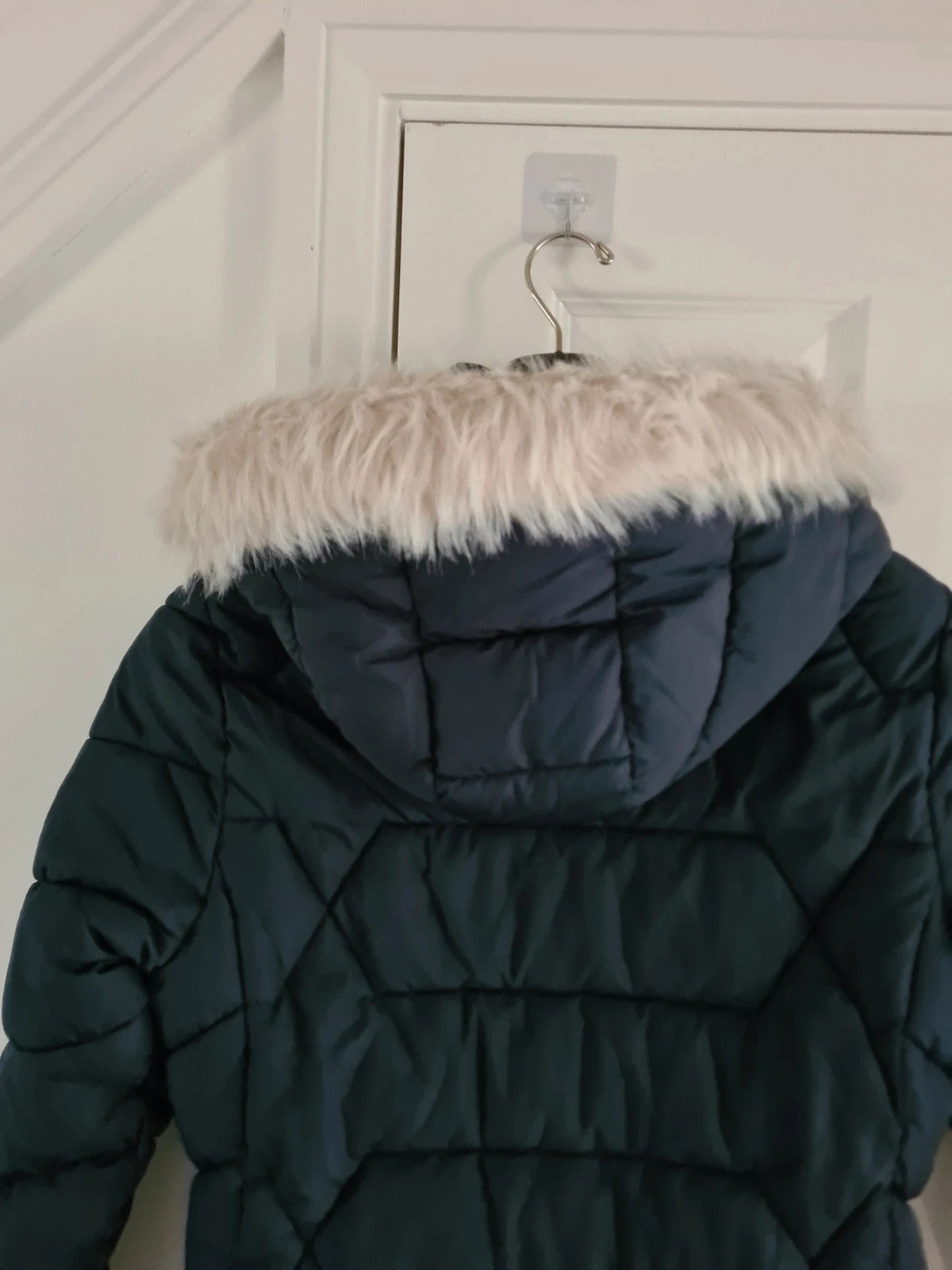 Roman women navy faux fur trim hooded coat long quilted jacket zip stand neck warm casual L/12