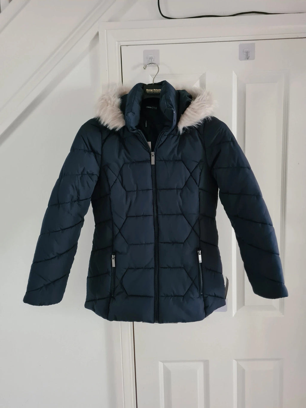 Roman women navy faux fur trim hooded coat long quilted jacket zip stand neck warm casual L/12