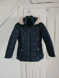 Roman women navy faux fur trim hooded coat long quilted jacket zip stand neck warm casual L/12