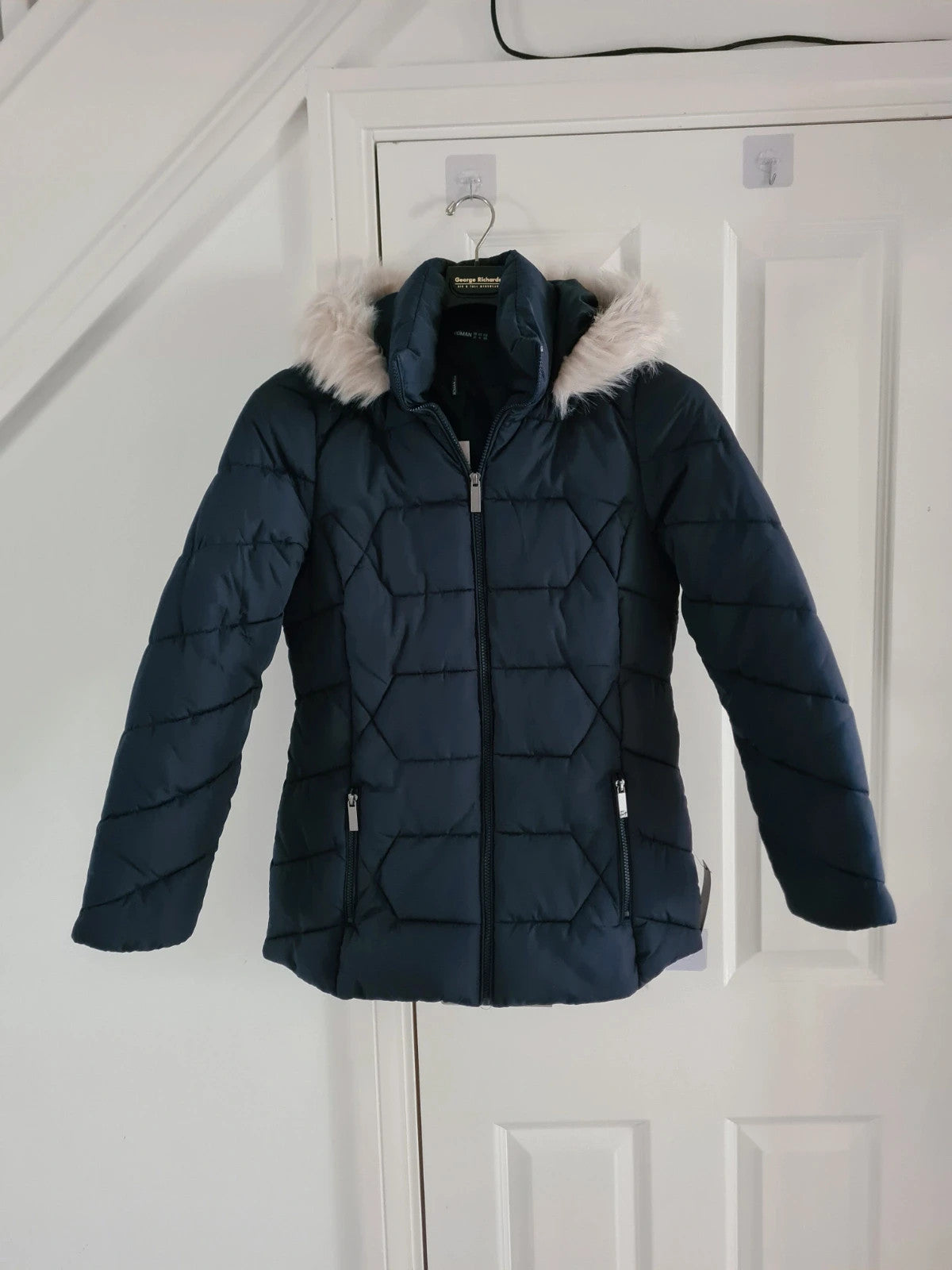 Roman women navy faux fur trim hooded coat long quilted jacket zip stand neck warm casual L/12