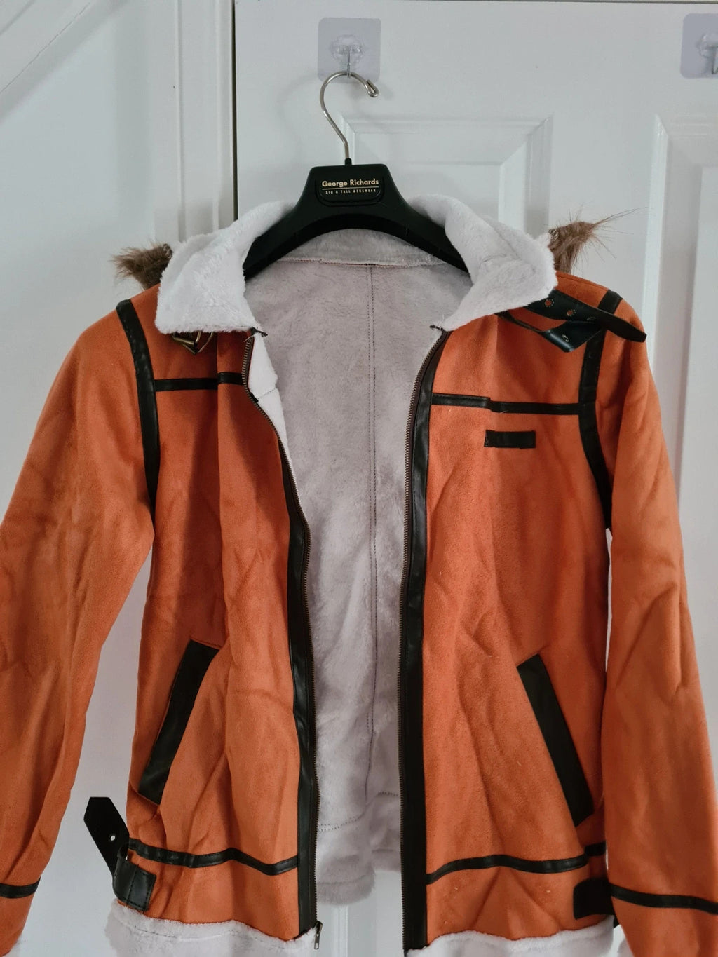 Generic men orange/black leather jacket faux fur hood fleece lined belted neck outer/M