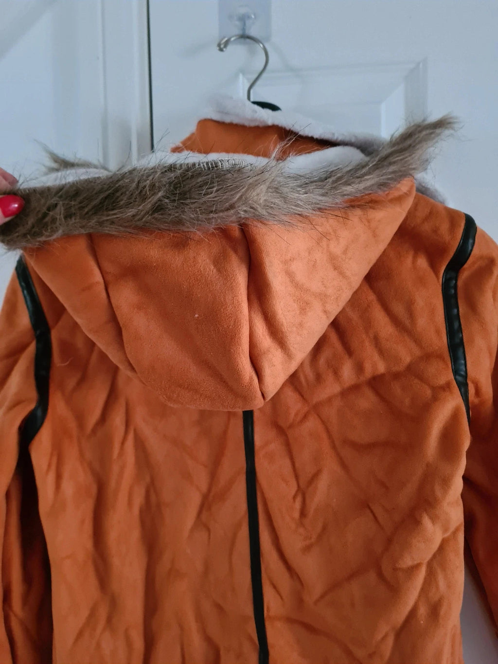 Generic men orange/black leather jacket faux fur hood fleece lined belted neck outer/M