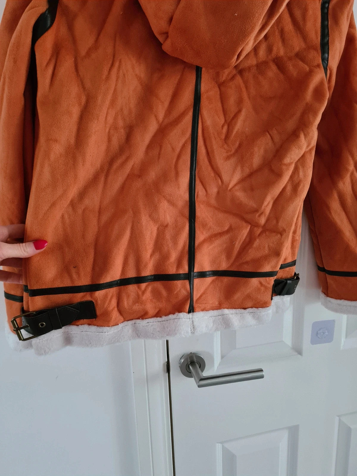 Generic men orange/black leather jacket faux fur hood fleece lined belted neck outer/M