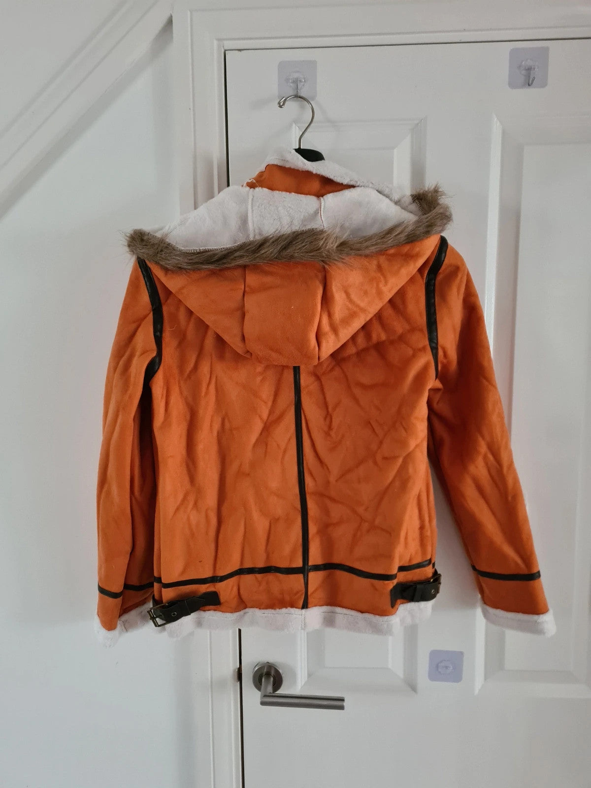 Generic men orange/black leather jacket faux fur hood fleece lined belted neck outer/M
