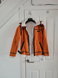 Generic men orange/black leather jacket faux fur hood fleece lined belted neck outer/M