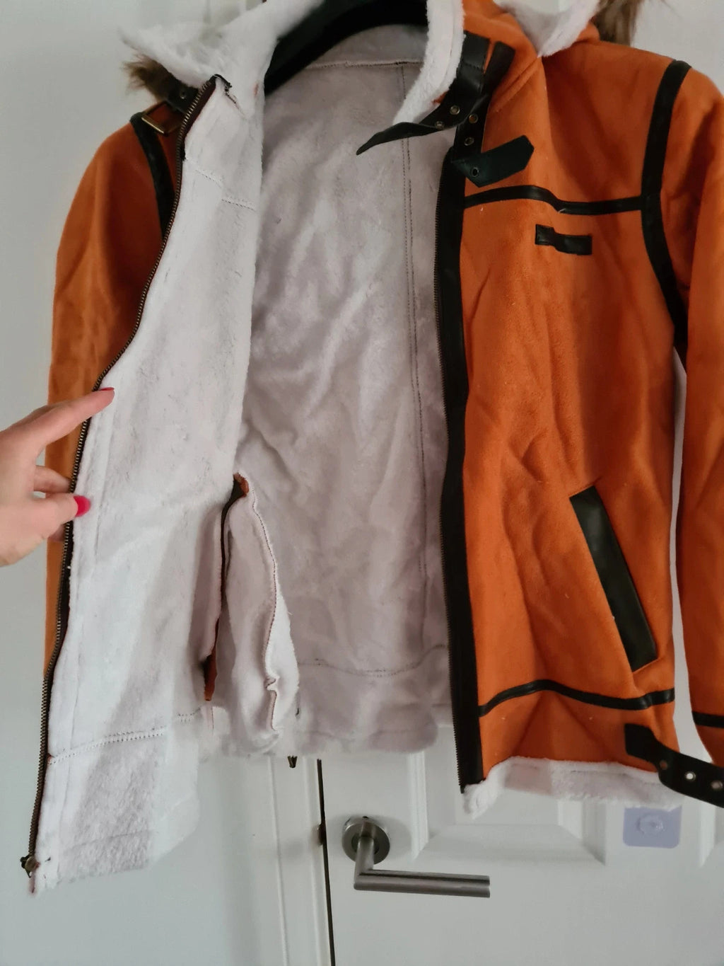 Generic men orange/black leather jacket faux fur hood fleece lined belted neck outer/M
