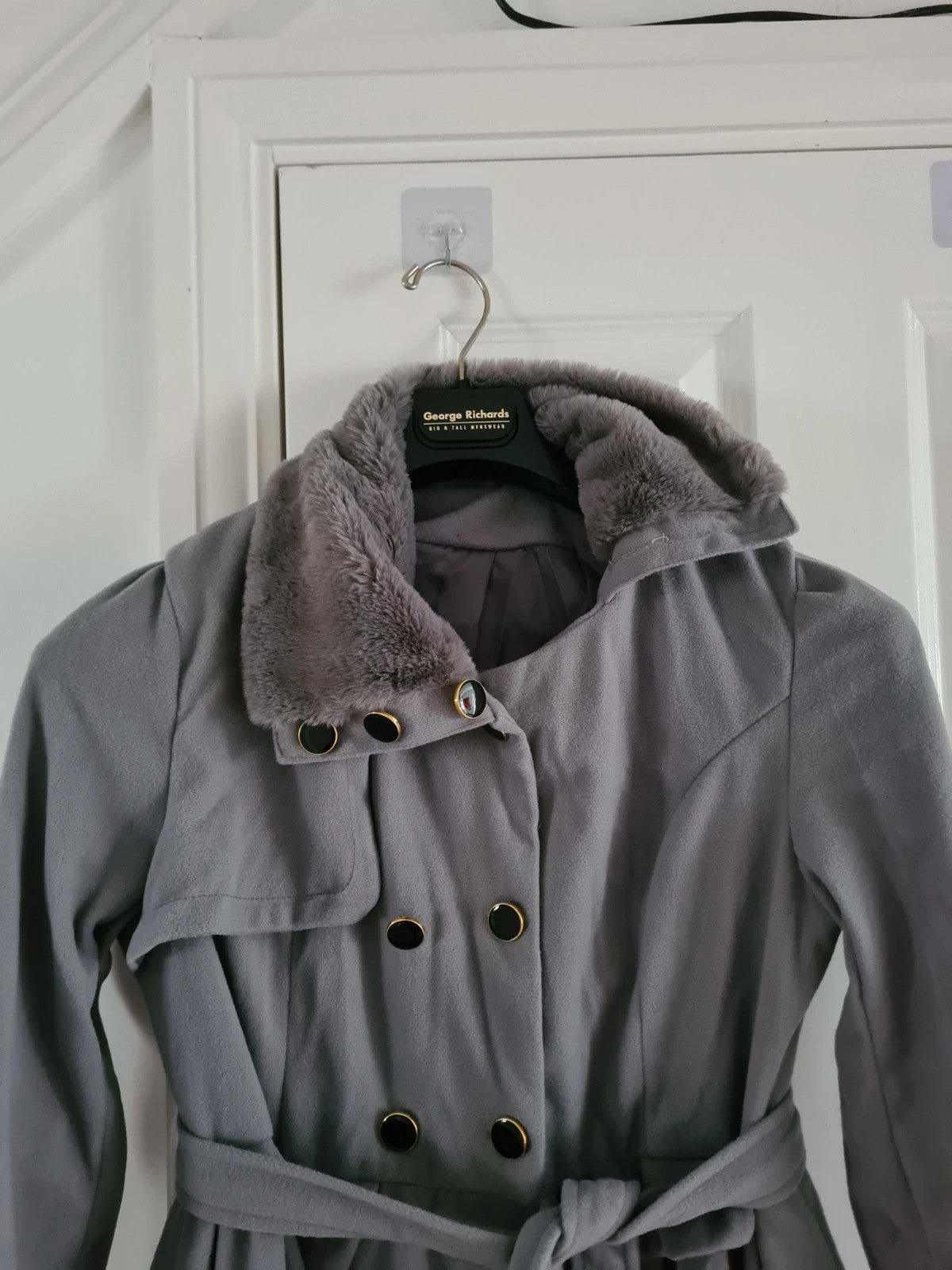 Generic women grey trench coat lapel double breasted faux fur neck belted A-line short dress coat S