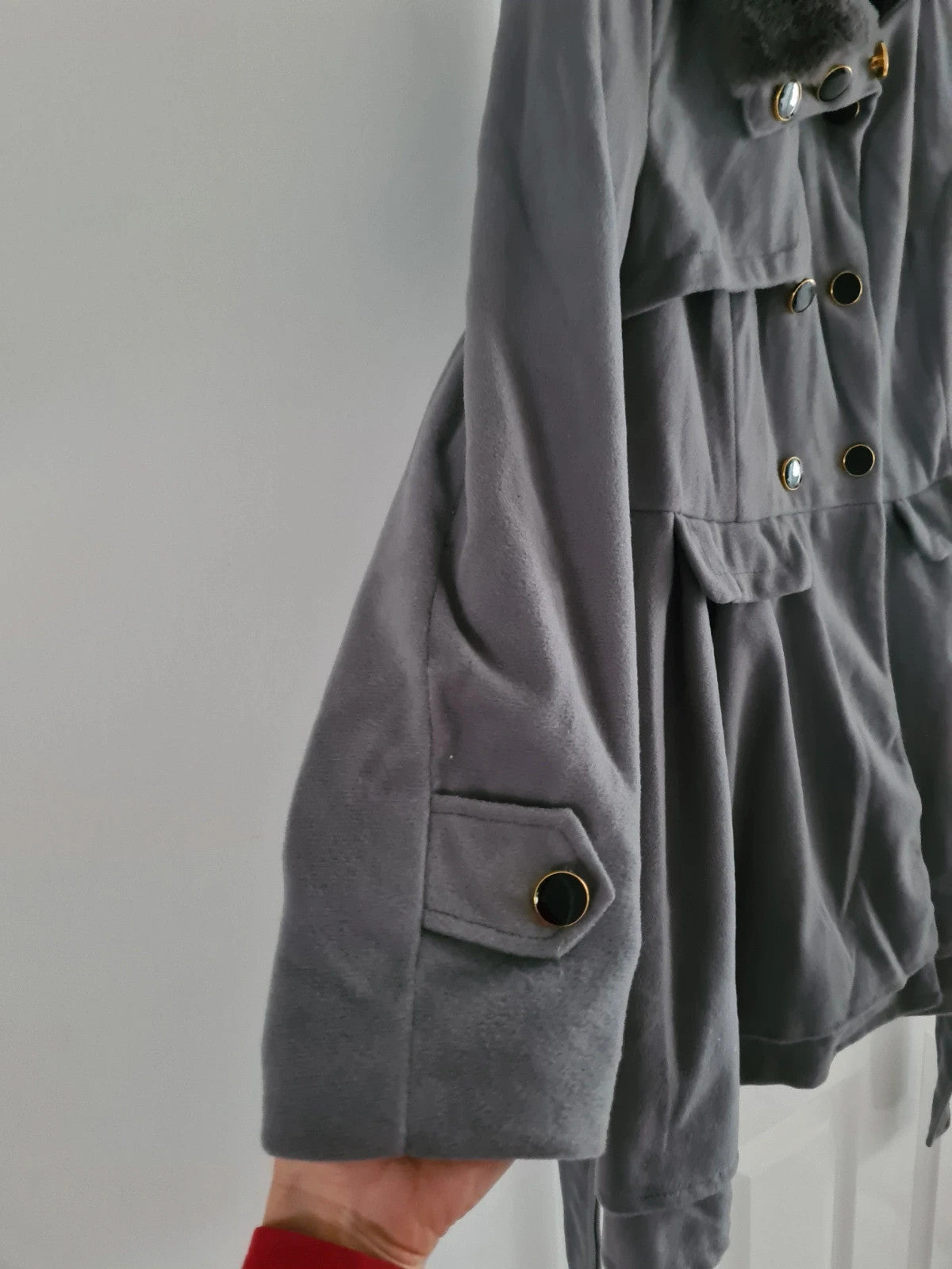Generic women grey trench coat lapel double breasted faux fur neck belted A-line short dress coat S