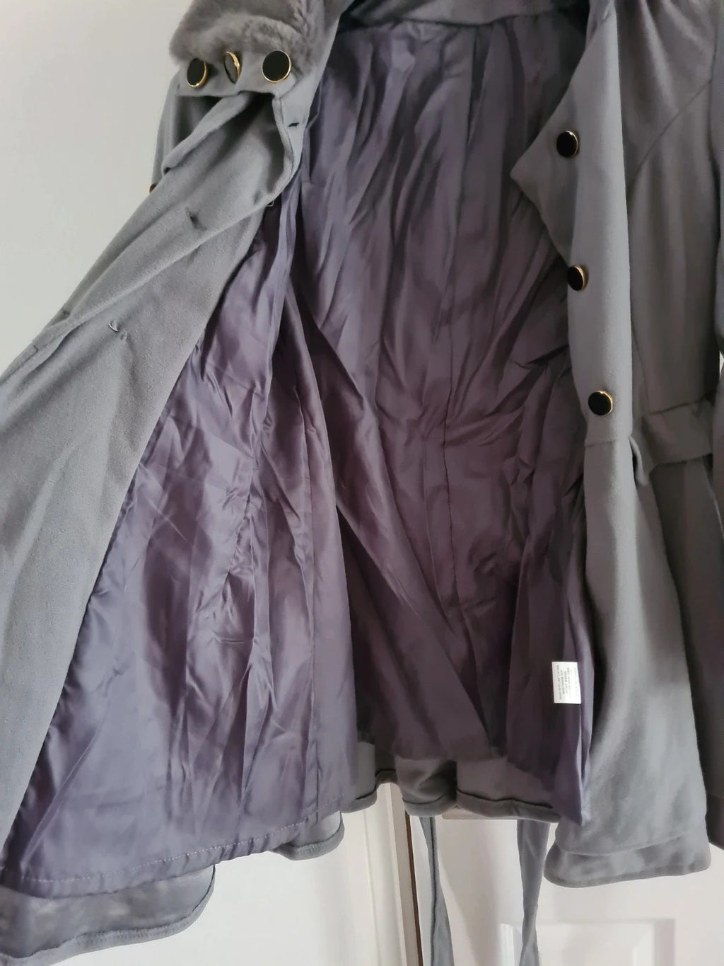 Generic women grey trench coat lapel double breasted faux fur neck belted A-line short dress coat S