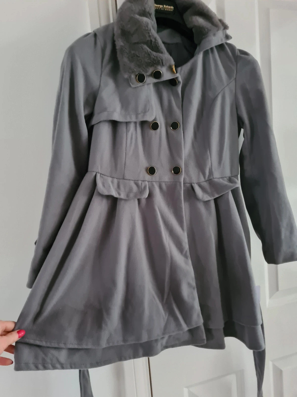 Generic women grey trench coat lapel double breasted faux fur neck belted A-line short dress coat S