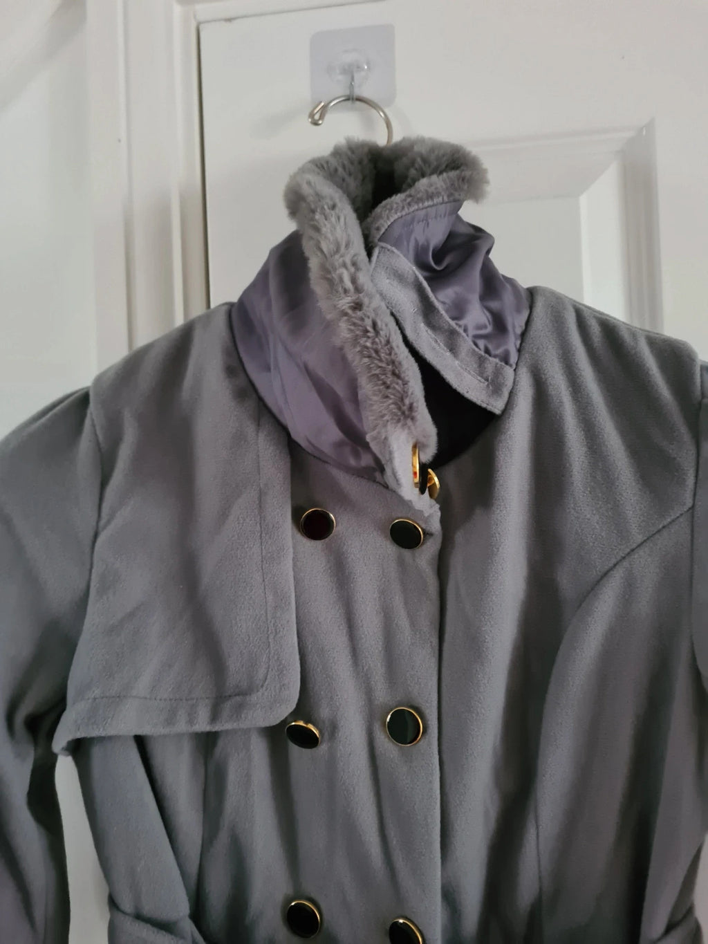 Generic women grey trench coat lapel double breasted faux fur neck belted A-line short dress coat S