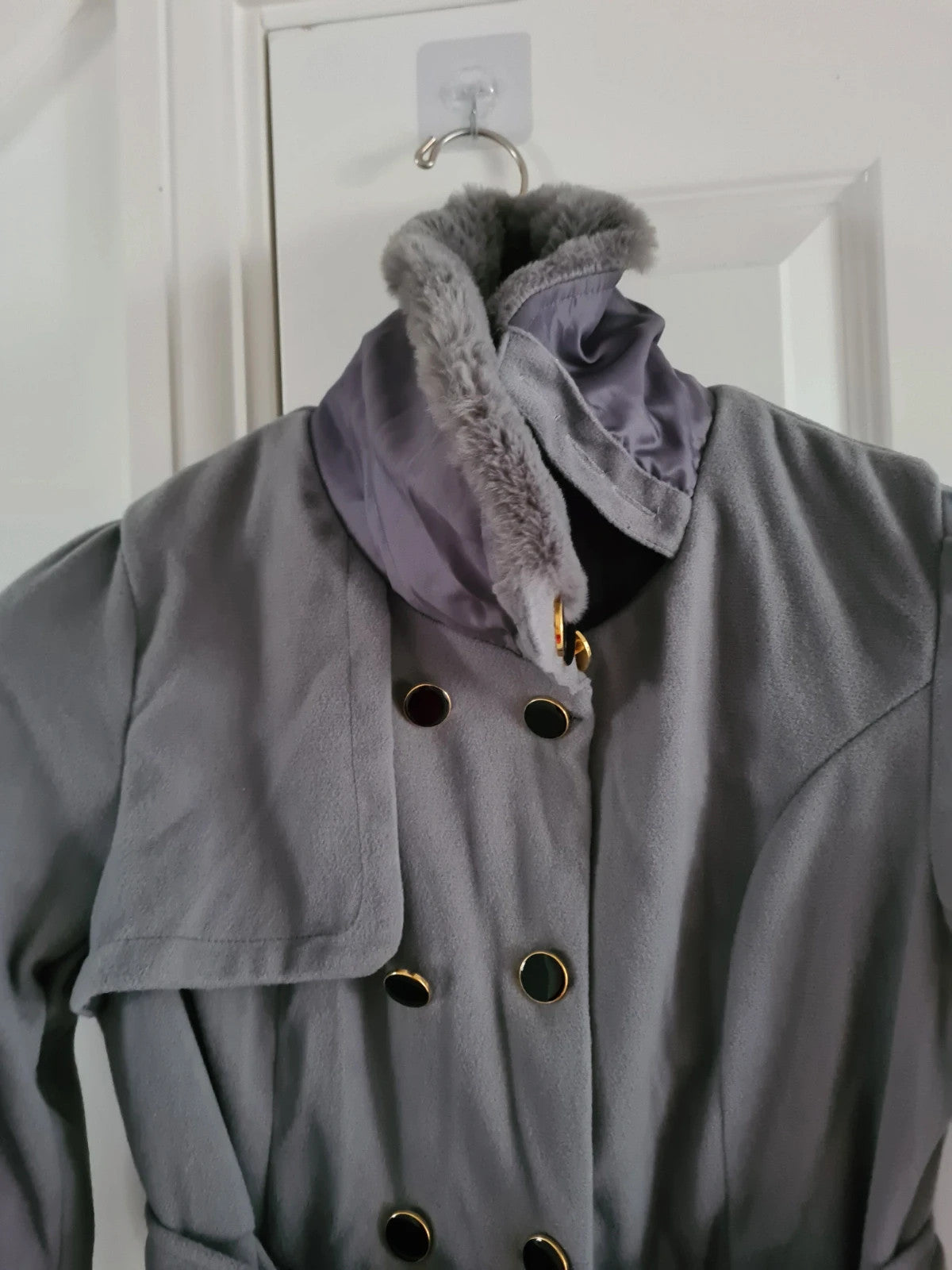 Generic women grey trench coat lapel double breasted faux fur neck belted A-line short dress coat S