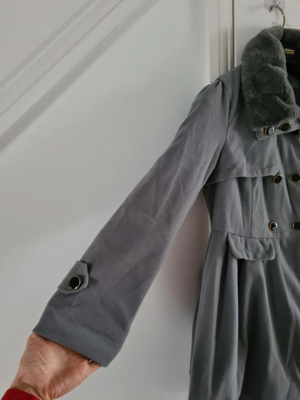 Generic women grey trench coat lapel double breasted faux fur neck belted A-line short dress coat S