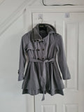 Generic women grey trench coat lapel double breasted faux fur neck belted A-line short dress coat S