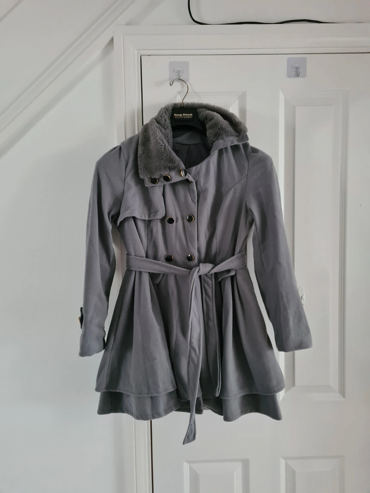 Generic women grey trench coat lapel double breasted faux fur neck belted A-line short dress coat S