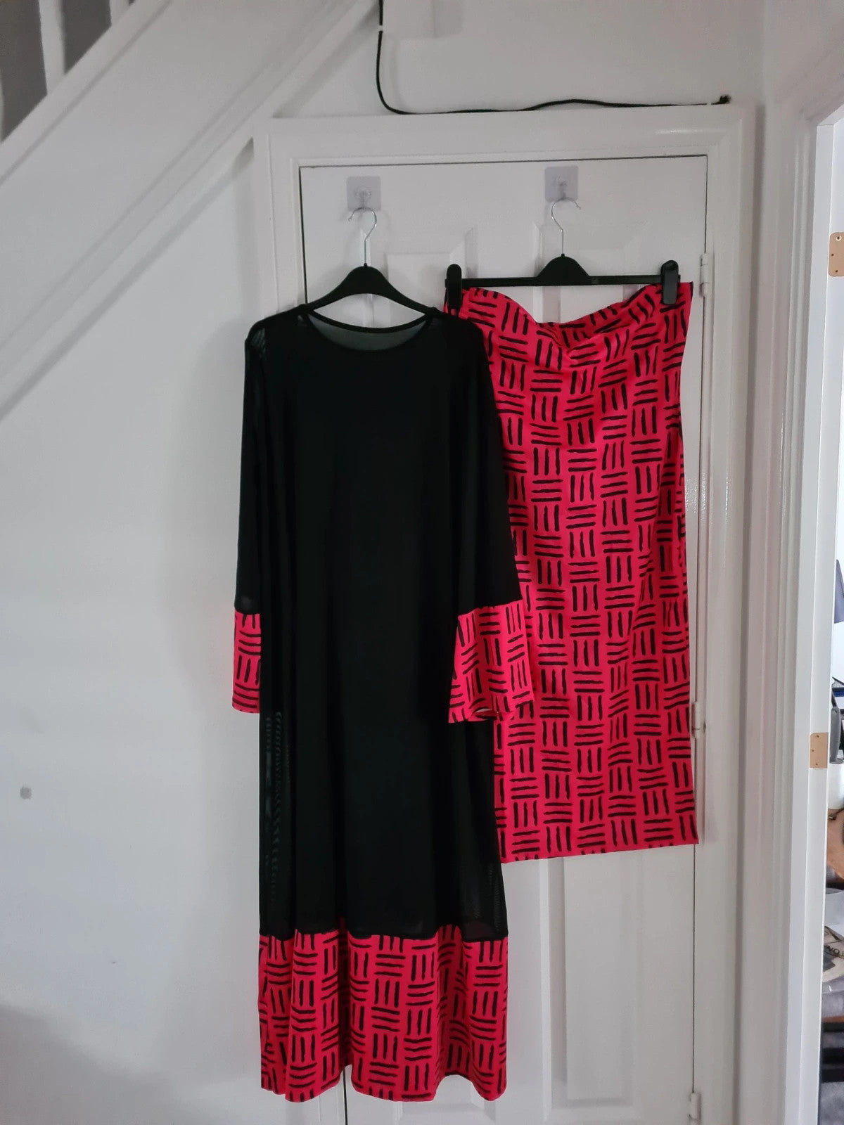 Shein women black/red 2pcs round neck mesh overlay maxi dress through long flare sleeves bodycon 2XL