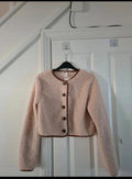H&M women beige teddy jacket short cardigan round neckline long sleeve buttons down warm casual XS