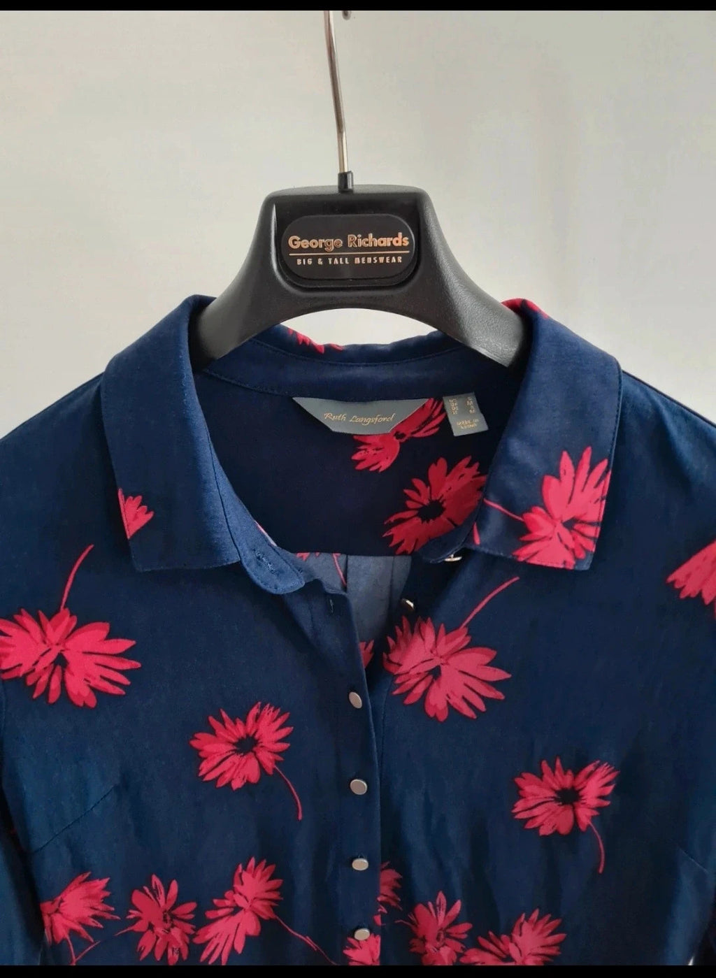 Ruth Langsford women floral print long sleeve shirt reverse collar blouse navy/pink top casual M/10