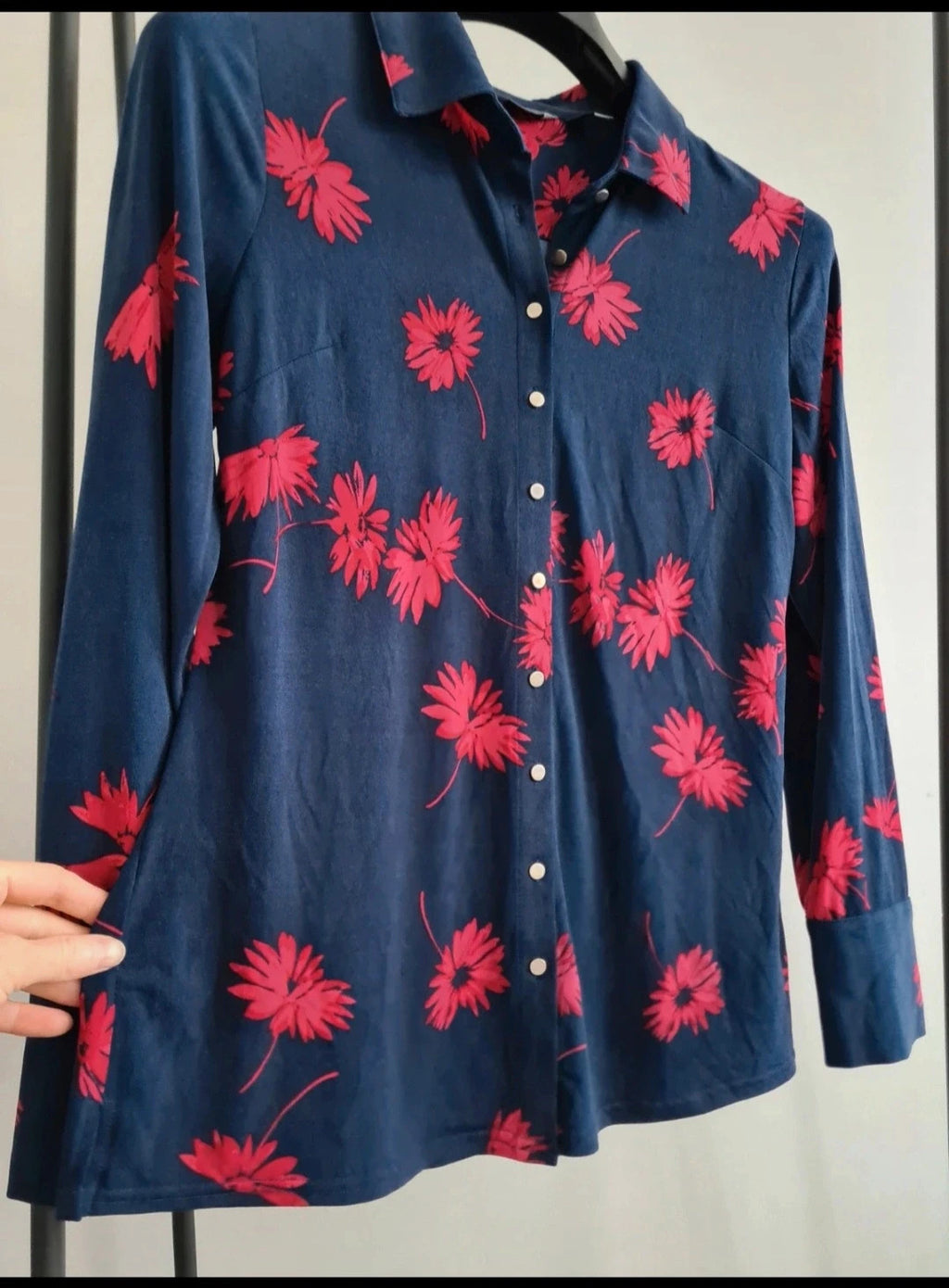 Ruth Langsford women floral print long sleeve shirt reverse collar blouse navy/pink top casual M/10
