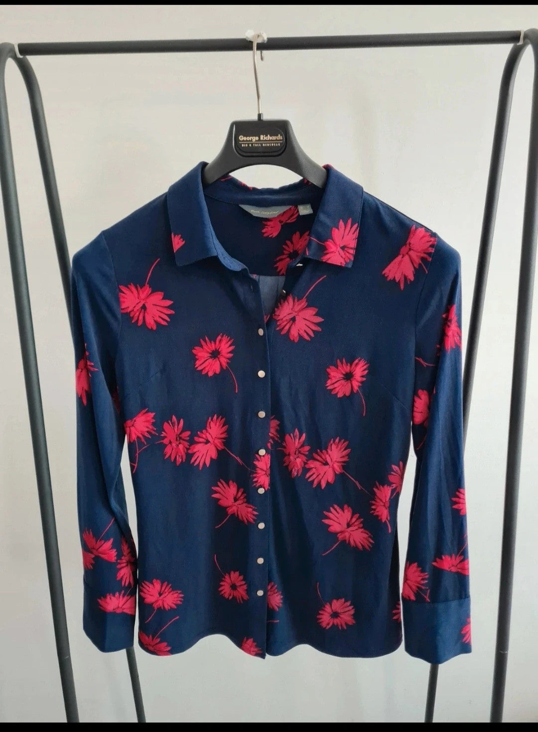 Ruth Langsford women floral print long sleeve shirt reverse collar blouse navy/pink top casual M/10