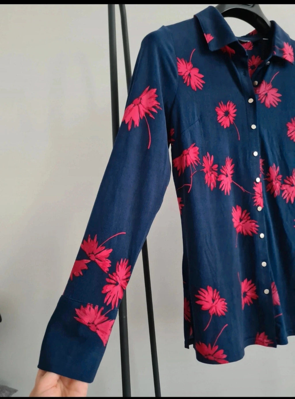 Ruth Langsford women floral print long sleeve shirt reverse collar blouse navy/pink top casual M/10