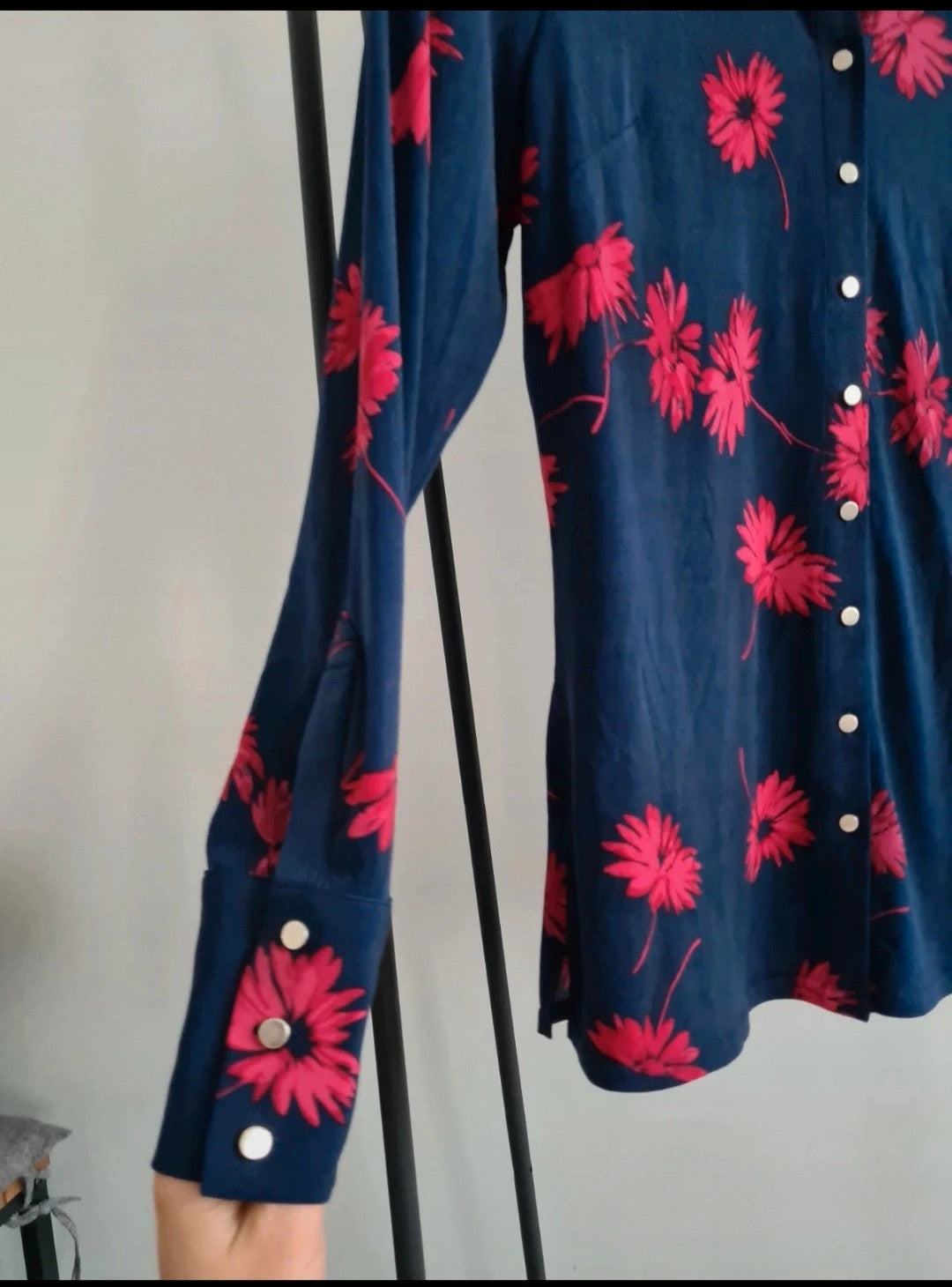 Ruth Langsford women floral print long sleeve shirt reverse collar blouse navy/pink top casual M/10
