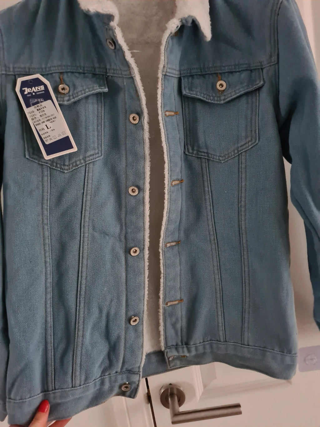 Generic men classic blue denim with fleece lined tracker jacket buttons pocket cotton blend outer L
