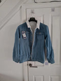 Generic men classic blue denim with fleece lined tracker jacket buttons pocket cotton blend outer L