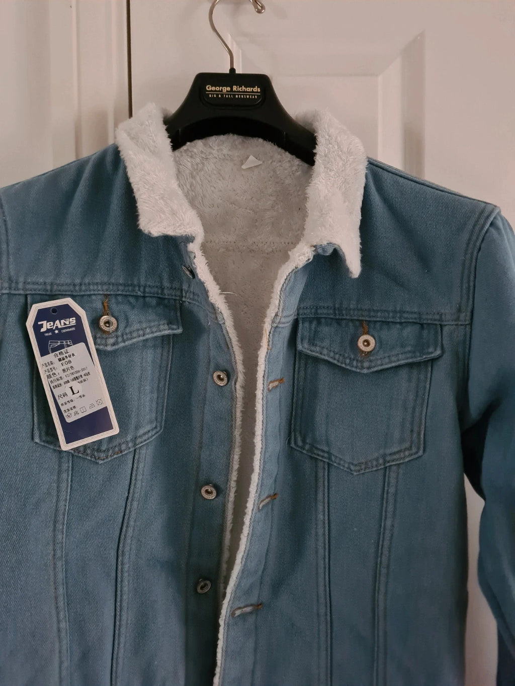 Generic men classic blue denim with fleece lined tracker jacket buttons pocket cotton blend outer L