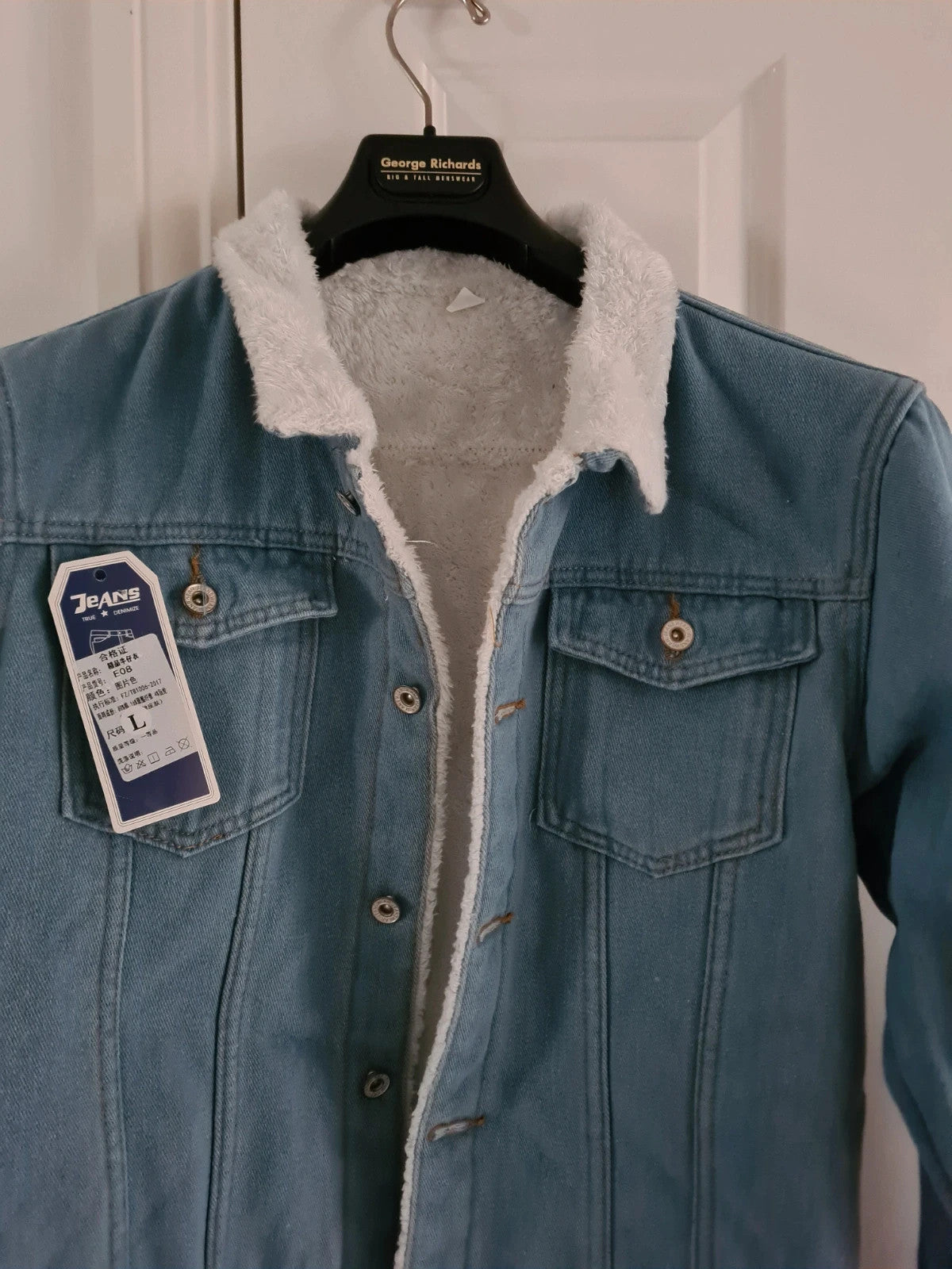 Generic men classic blue denim with fleece lined tracker jacket buttons pocket cotton blend outer L