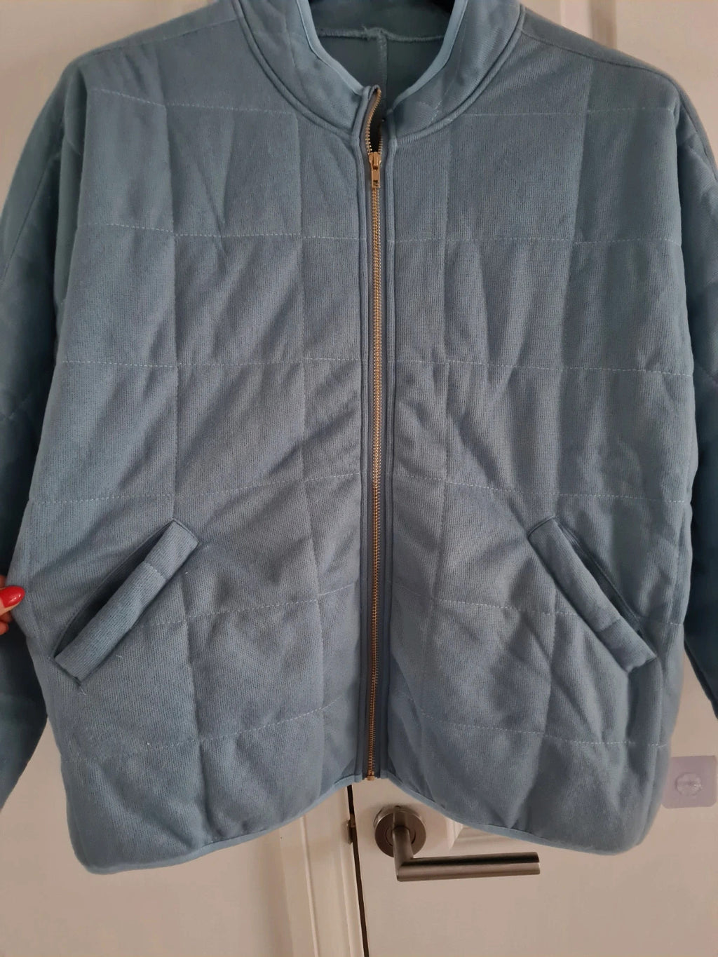 Generic women blue bomber quilted jackets zip up long sleeve stand neck pockets coat warm outer L/12