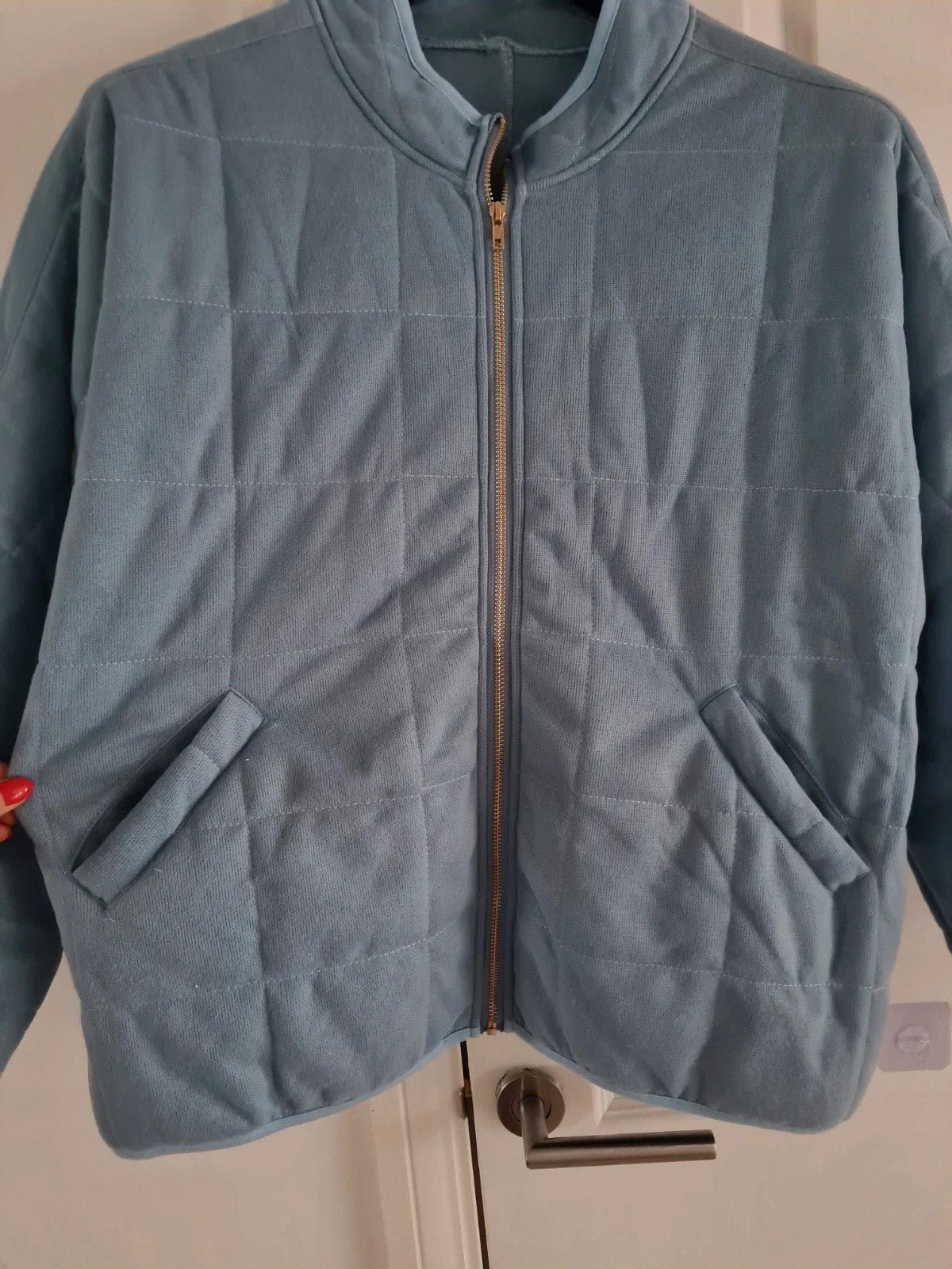 Generic women blue bomber quilted jackets zip up long sleeve stand neck pockets coat warm outer L/12