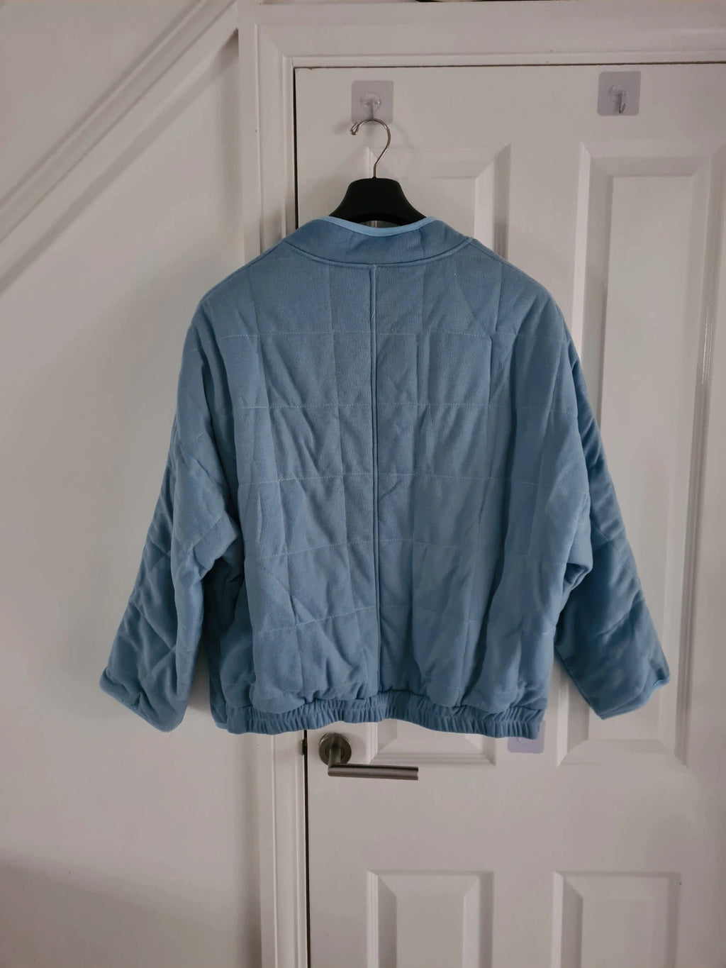 Generic women blue bomber quilted jackets zip up long sleeve stand neck pockets coat warm outer L/12
