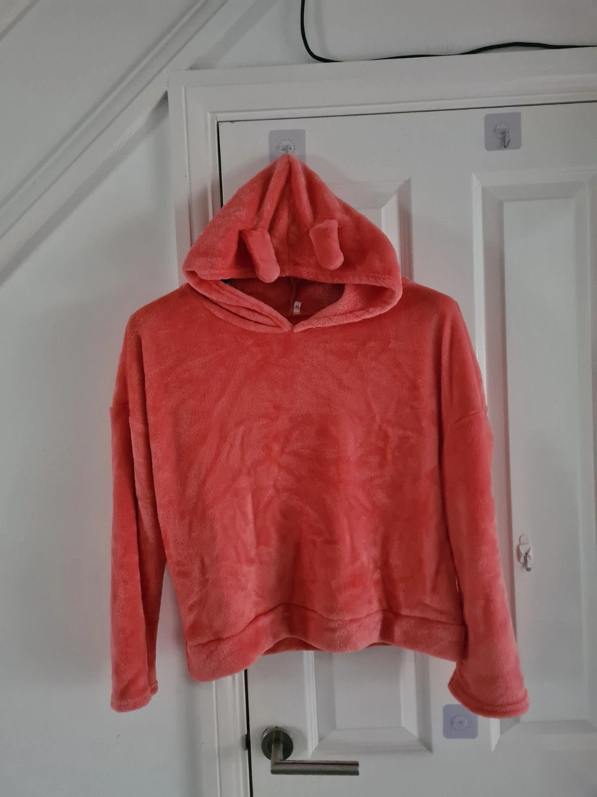 Generic women coral fluffy velour hooded jumper on ears hood soft lounge casual wear M/10