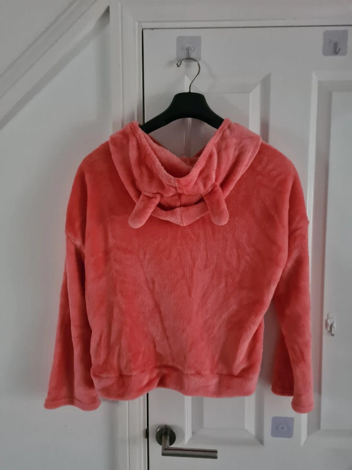 Generic women coral fluffy velour hooded jumper on ears hood soft lounge casual wear M/10