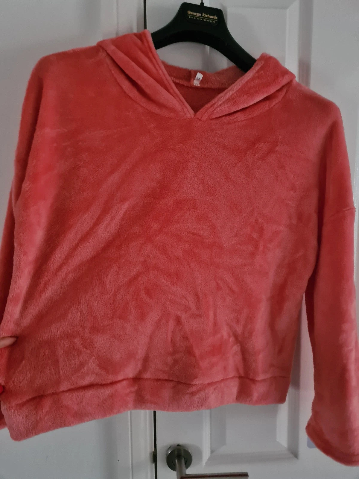 Generic women coral fluffy velour hooded jumper on ears hood soft lounge casual wear M/10
