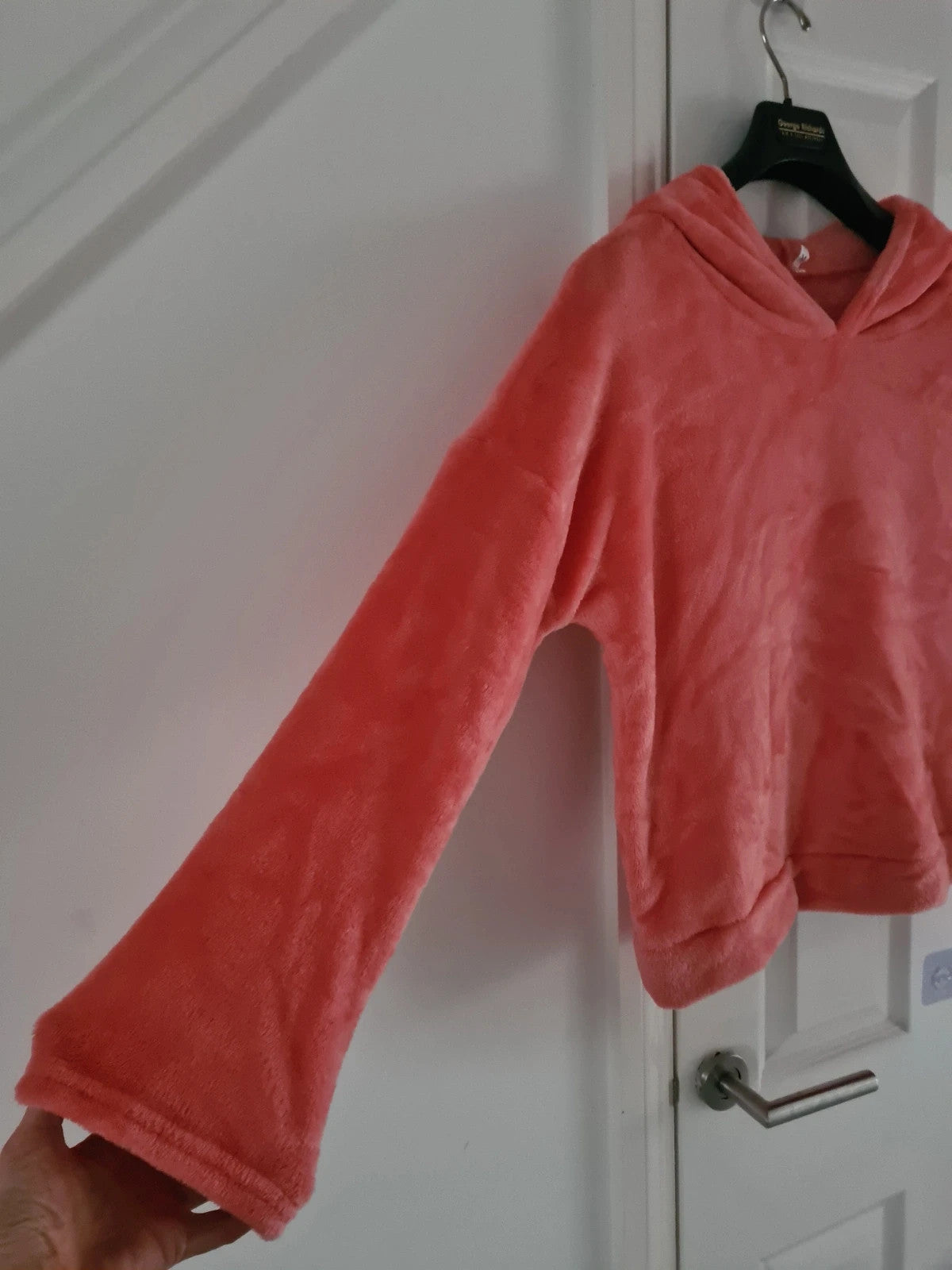 Generic women coral fluffy velour hooded jumper on ears hood soft lounge casual wear M/10