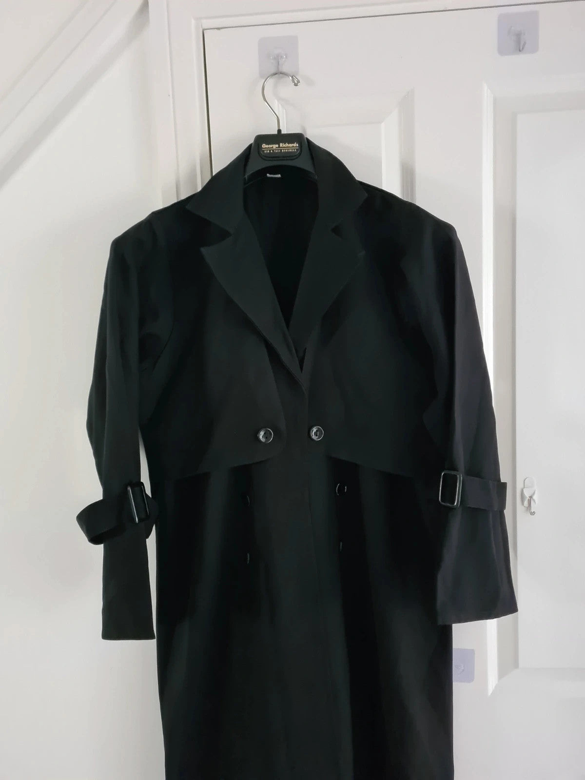 Women black trench coat press stud long overcoat spread lapel regular plus size 3XL/18