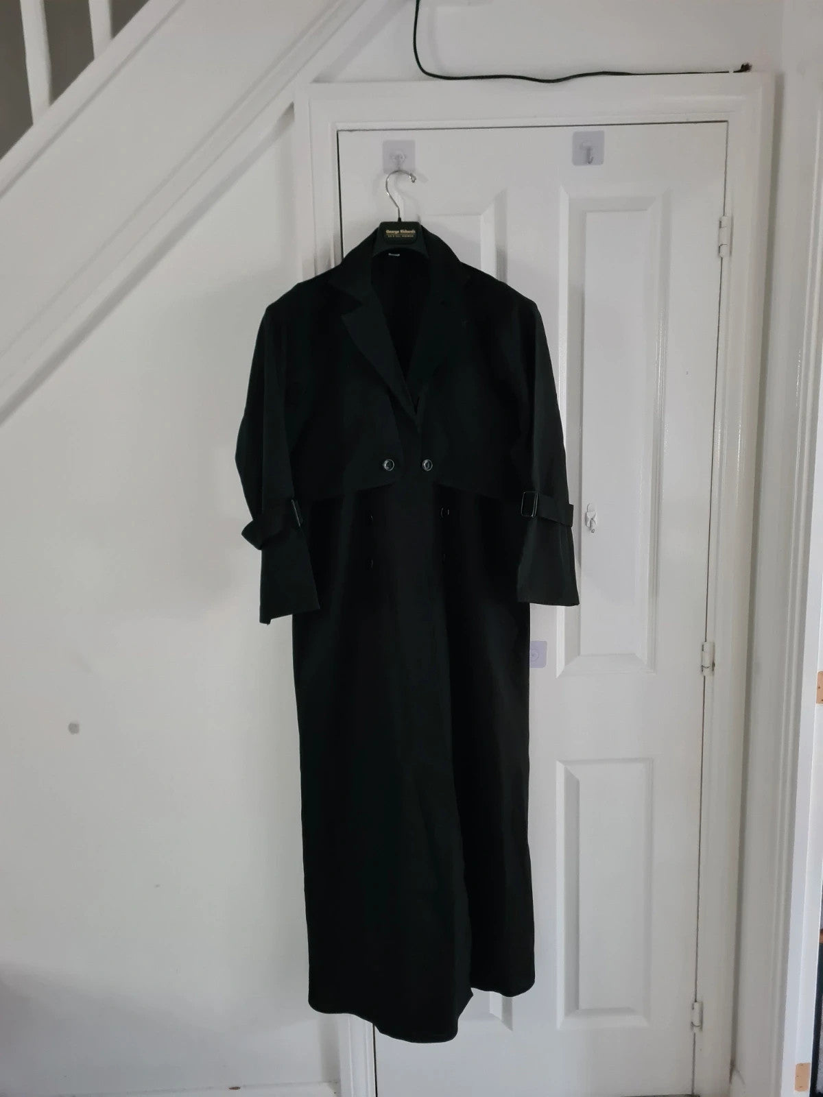 Women black trench coat press stud long overcoat spread lapel regular plus size 3XL/18