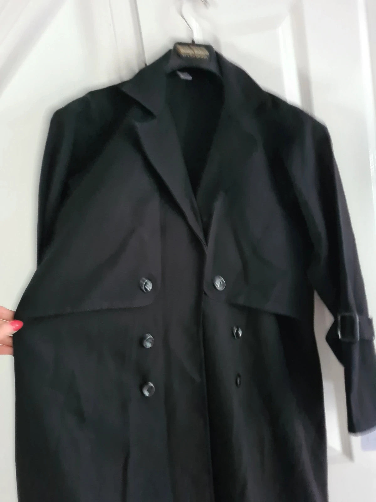 Women black trench coat press stud long overcoat spread lapel regular plus size 3XL/18