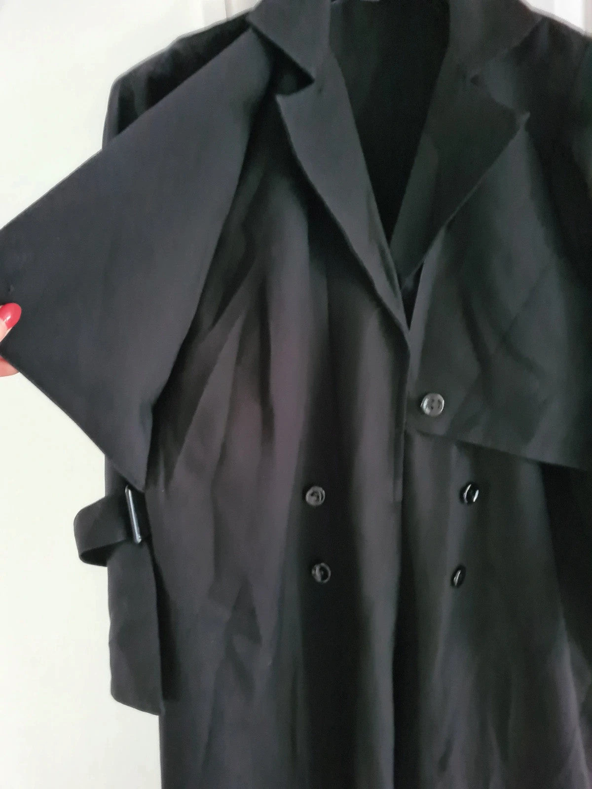 Women black trench coat press stud long overcoat spread lapel regular plus size 3XL/18