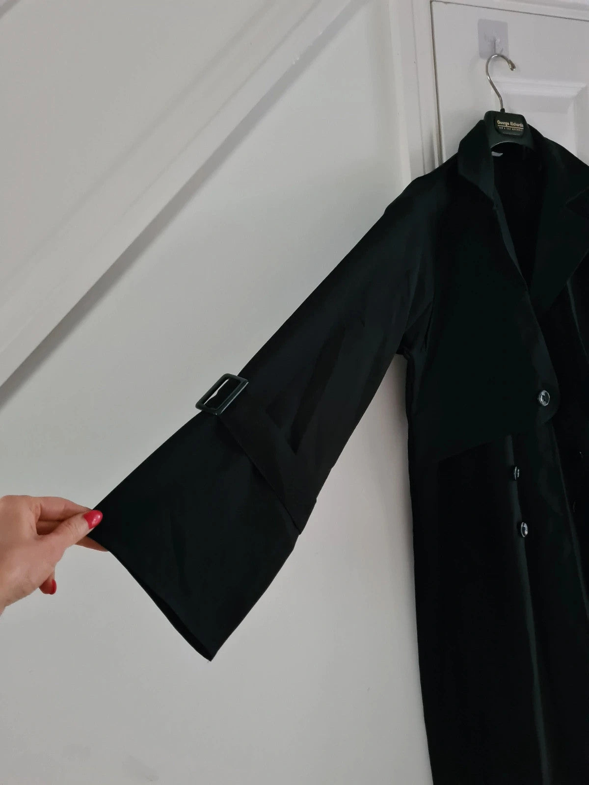 Women black trench coat press stud long overcoat spread lapel regular plus size 3XL/18