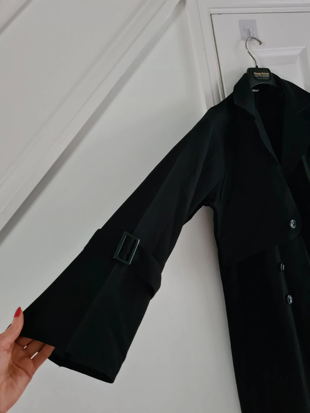Women black trench coat press stud long overcoat spread lapel regular plus size 3XL/18