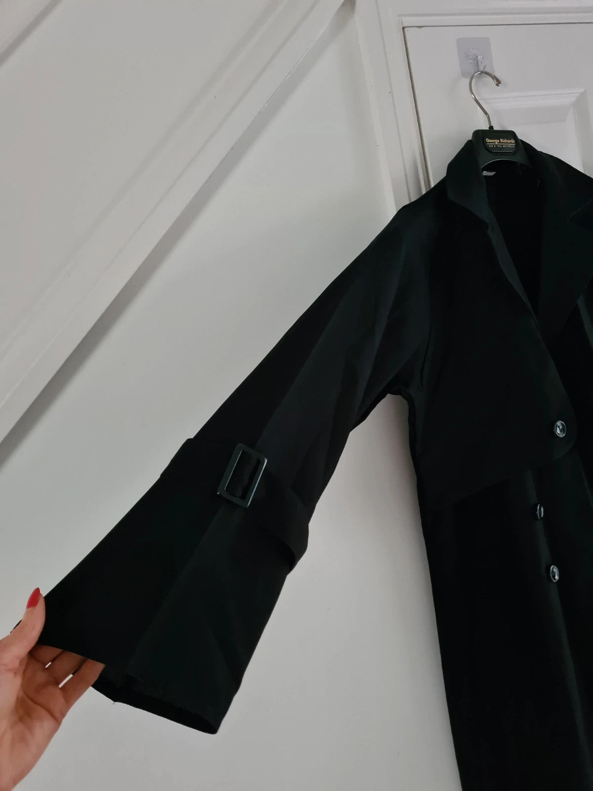 Women black trench coat press stud long overcoat spread lapel regular plus size 3XL/18
