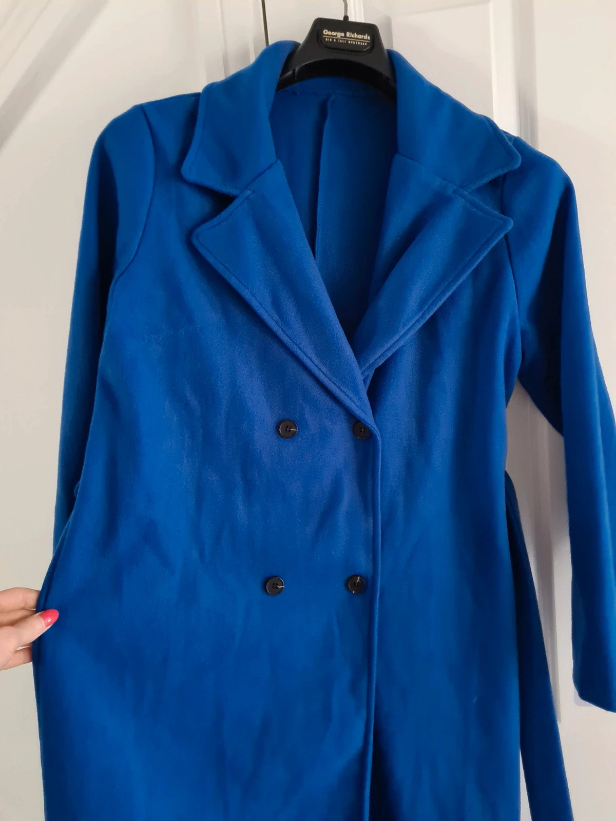 Shein women blue basic long coat double breasted belted winter outfit casual L/12