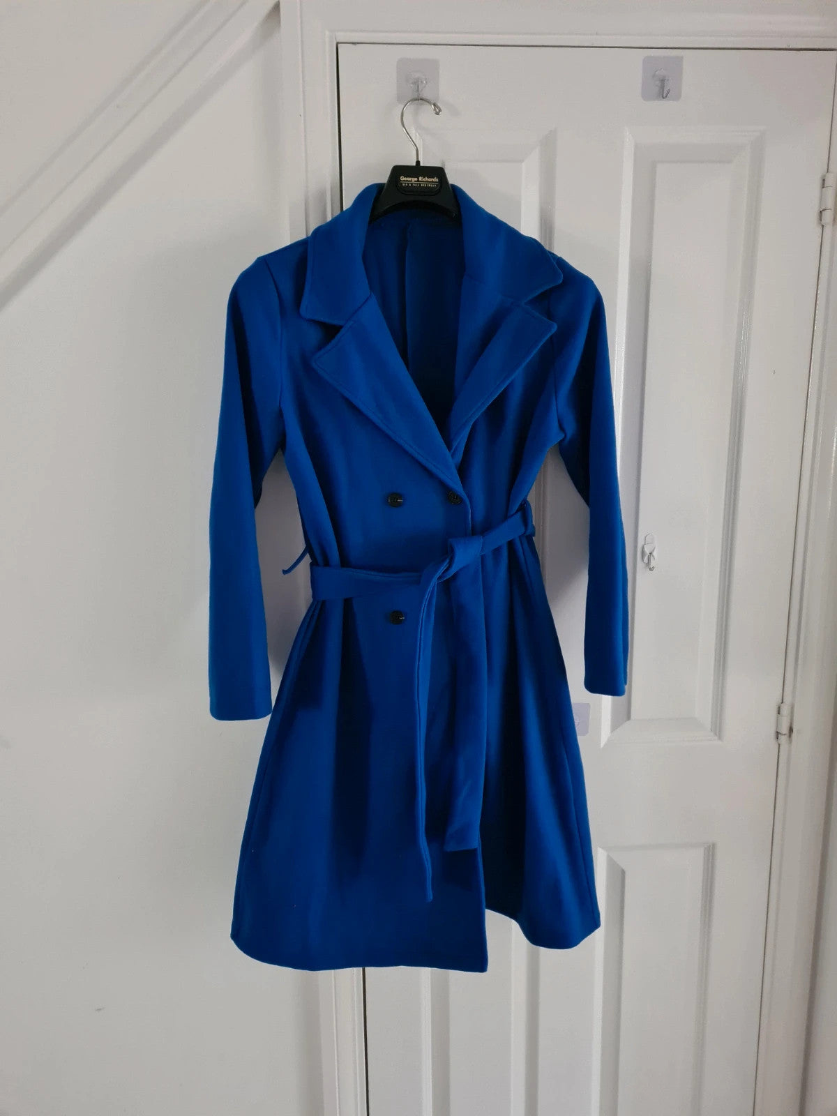 Shein women blue basic long coat double breasted belted winter outfit casual L/12