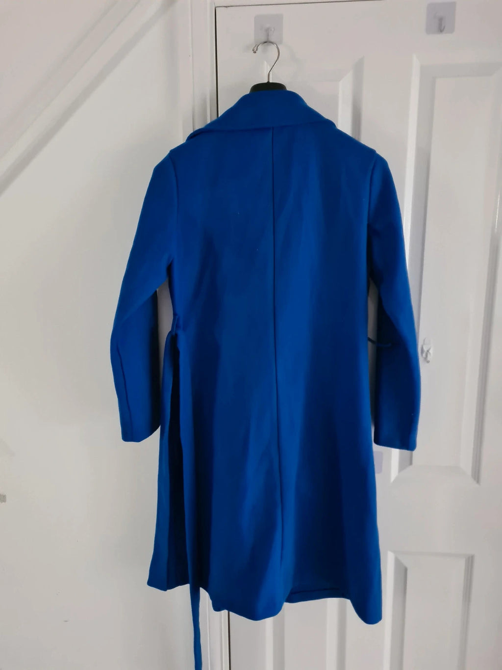 Shein women blue basic long coat double breasted belted winter outfit casual L/12