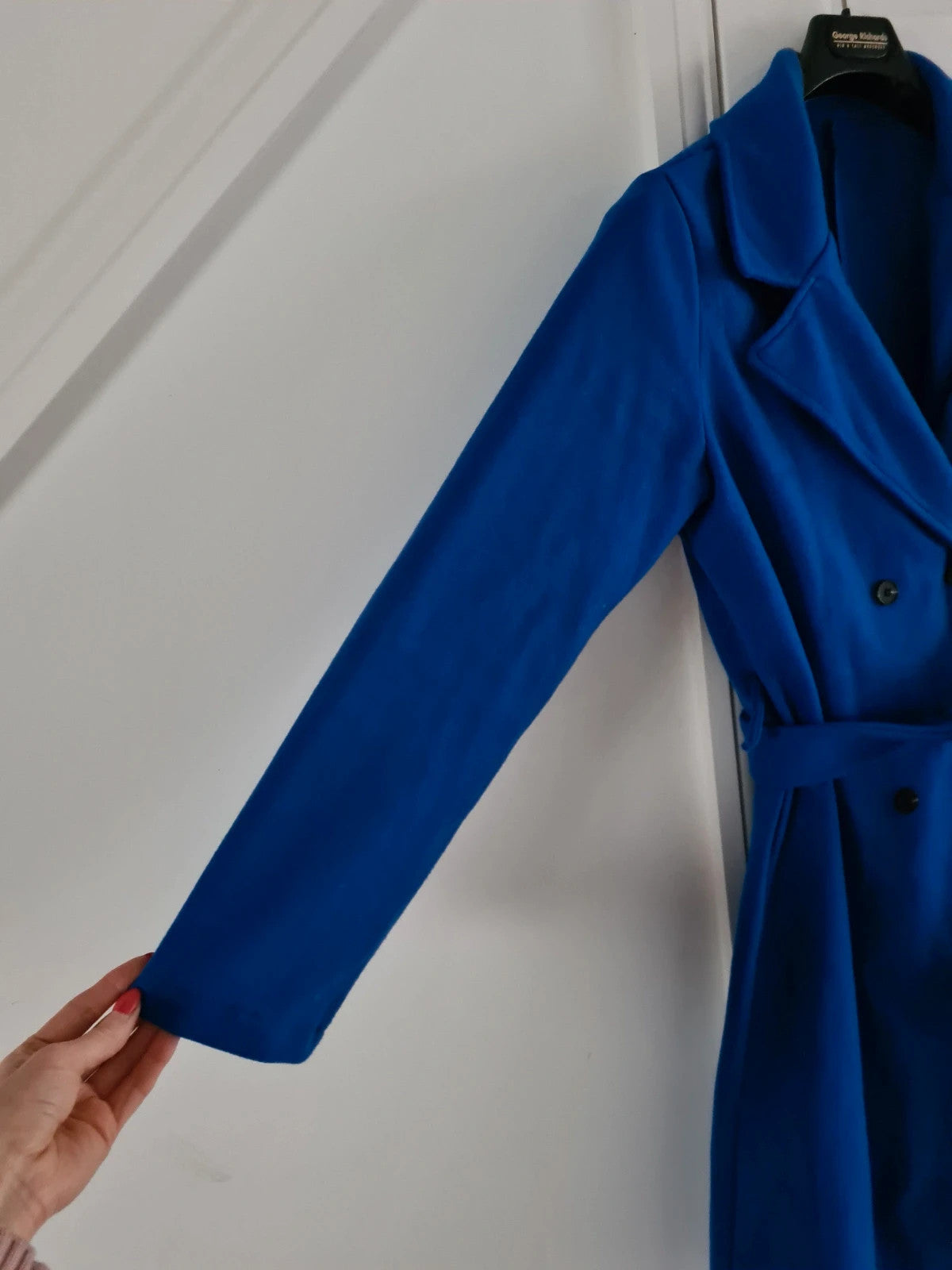 Shein women blue basic long coat double breasted belted winter outfit casual L/12