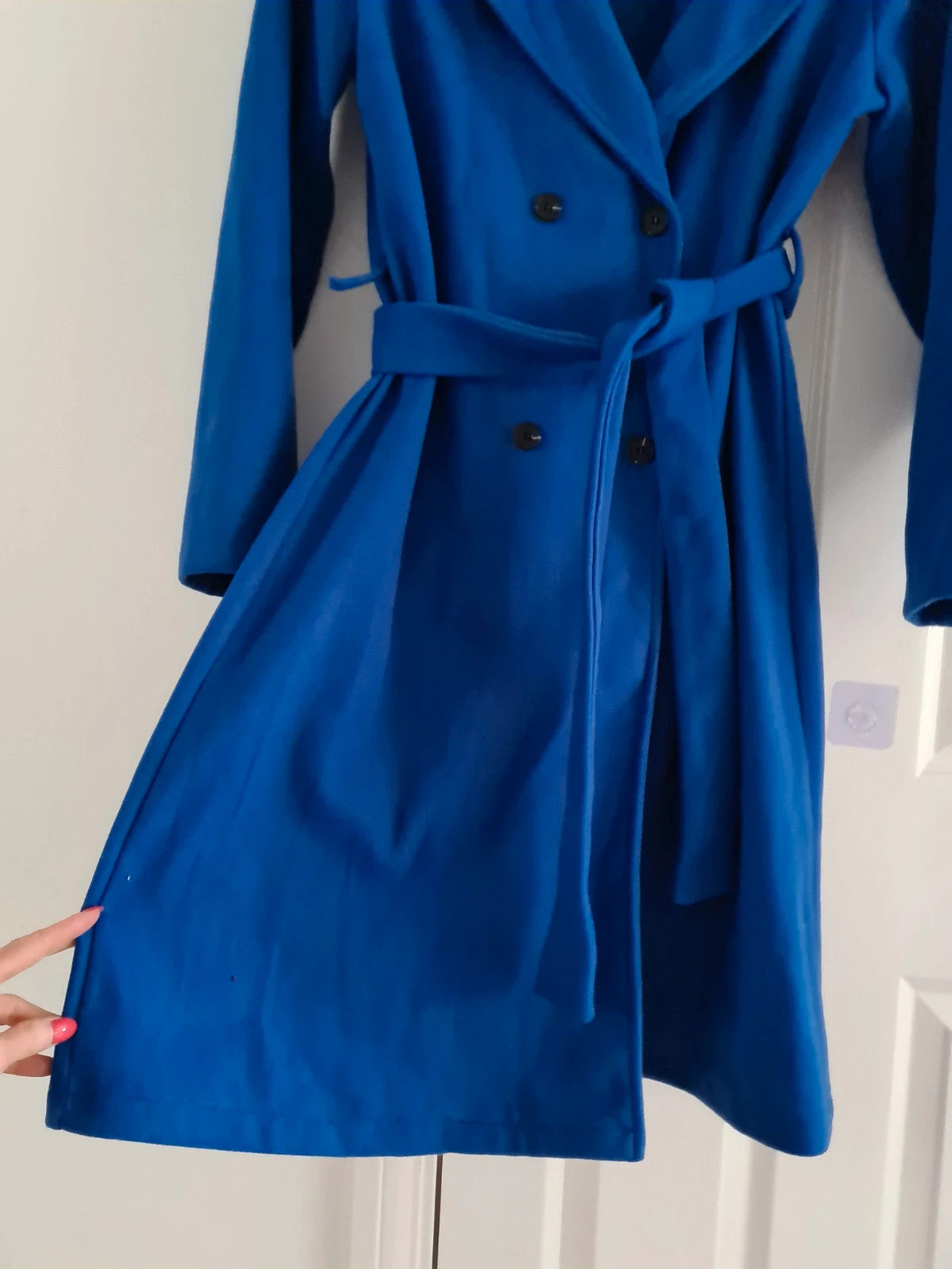 Shein women blue basic long coat double breasted belted winter outfit casual L/12