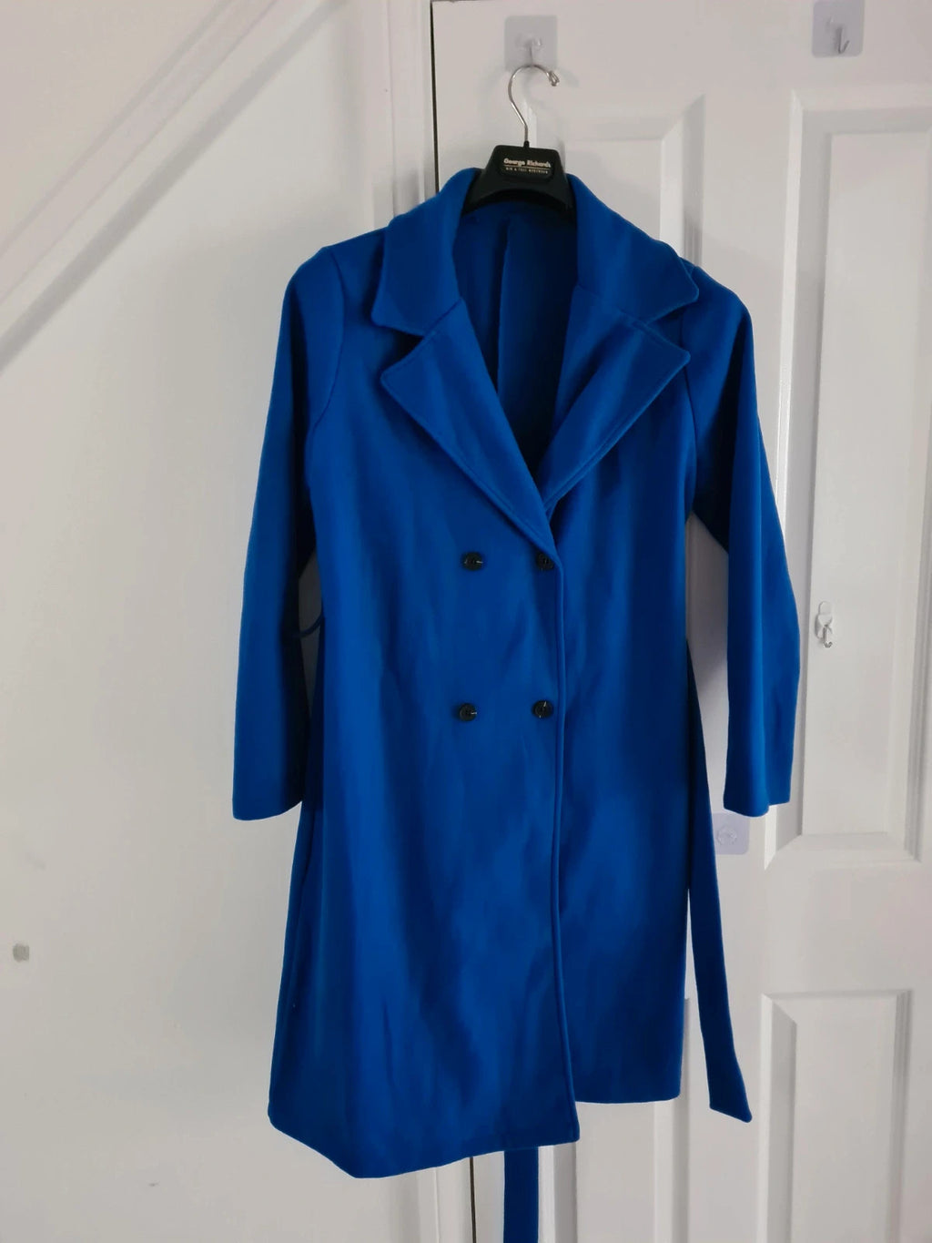 Shein women blue basic long coat double breasted belted winter outfit casual L/12